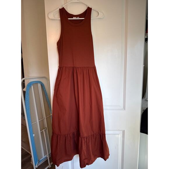 GAP Mixed Media Ruffle Midi Dress M Rust Brown Ribbed Top Tiered Skirt EUC - Picture 4 of 6